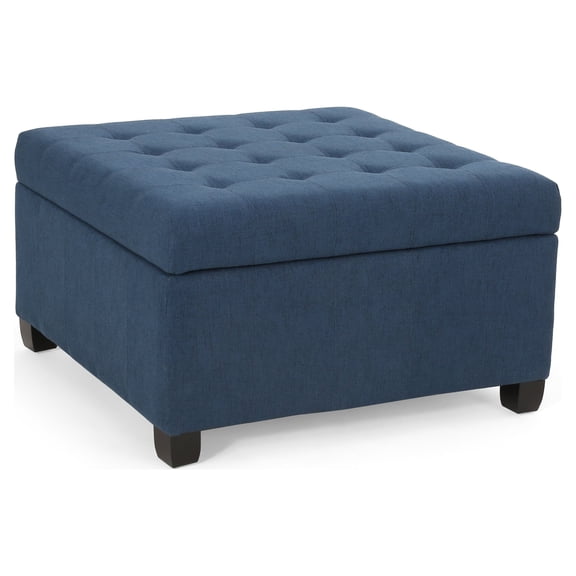 GDF Studio Lastoro Contemporary Tufted Storage Ottoman, Navy Blue Fabric and Dark Brown