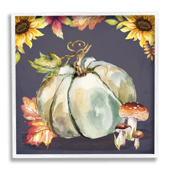 Stupell Industries Floral Autumn Pumpkin & Mushrooms Holiday Painting White Framed Art Print Wall Art