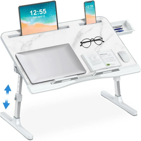 Bed Desk for Laptop - Marble , Adjustable X-Large Foldable Lap Desk, Laptop Lap Desk with 2 Movable Stoppers and Drawer for Bed Couch Floor Writing Eating Working (23.6 inch)