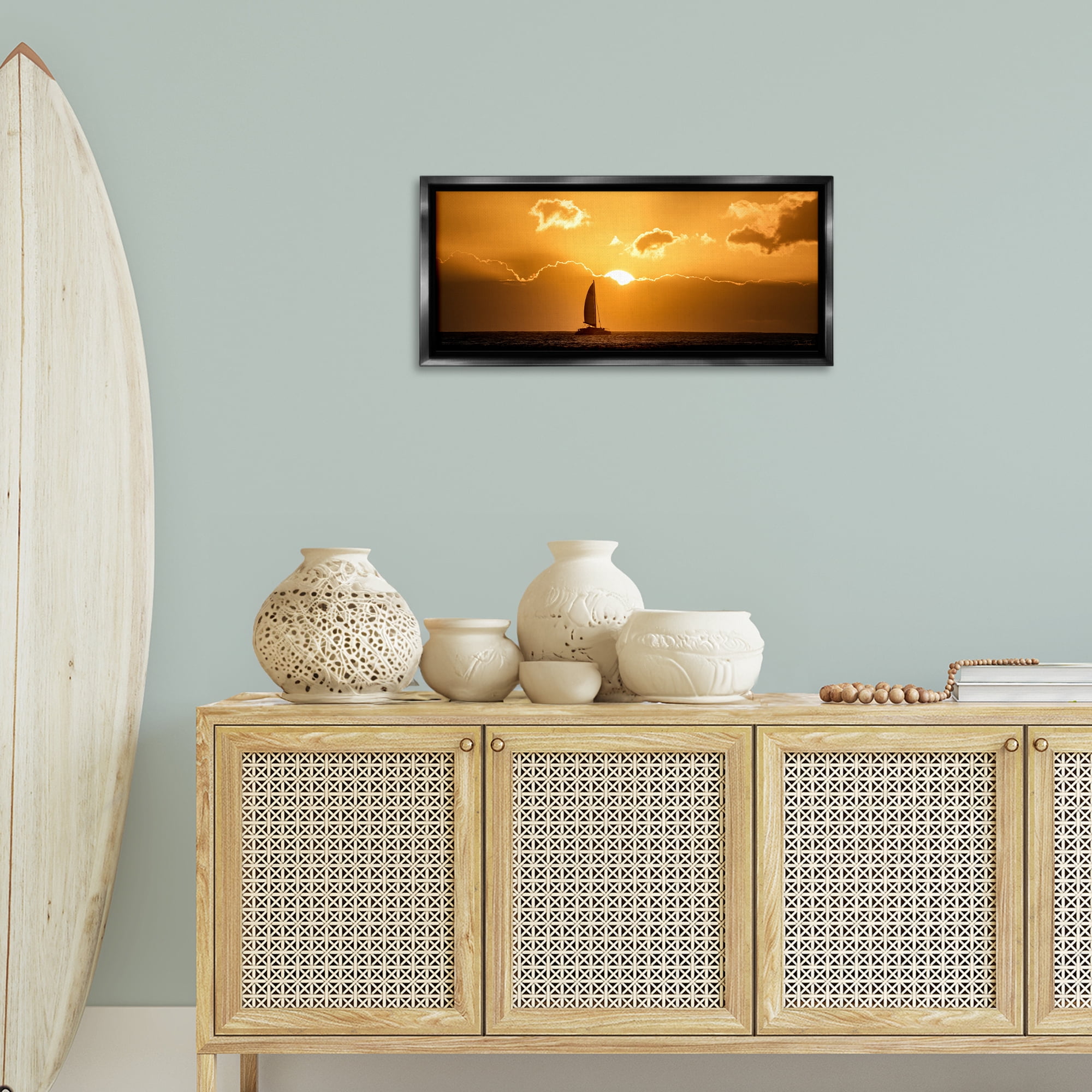 Stupell Industries Tranquil Sunset Sailboat Transportation Photography Black Floater Framed Canvas Art Print Wall Art, 31 x 14
