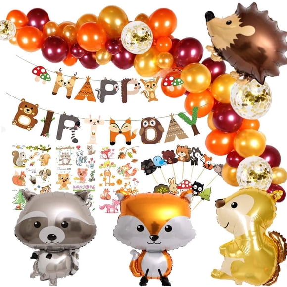 Animal Birthday Party Decorations Woodland Happy Birthday Banner Hedgehog Squirrel Fox Raccoon Animal Balloon Garland & Arch Kit for Boy Girl Baby Shower Birthday Supplie