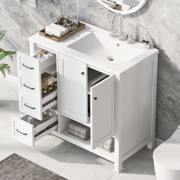 FFZ 36 Inch Bathroom Vanity with Ceramic Sink Combo - Modern Freestanding Cabinet, 2 Doors, 2 Drawers, Solid Wood Frame   MDF, Open Shelf, Single Package (Black or White)