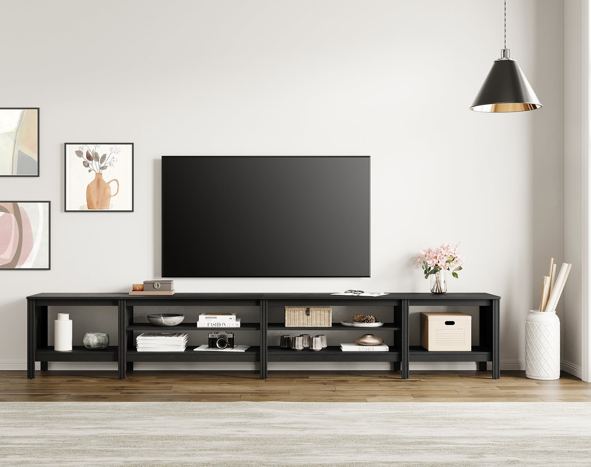Fitueyes 118" Wood TV Stand for 85-100" TVs, Media Console Table with Open Shelves for Living Room Bedroom, black