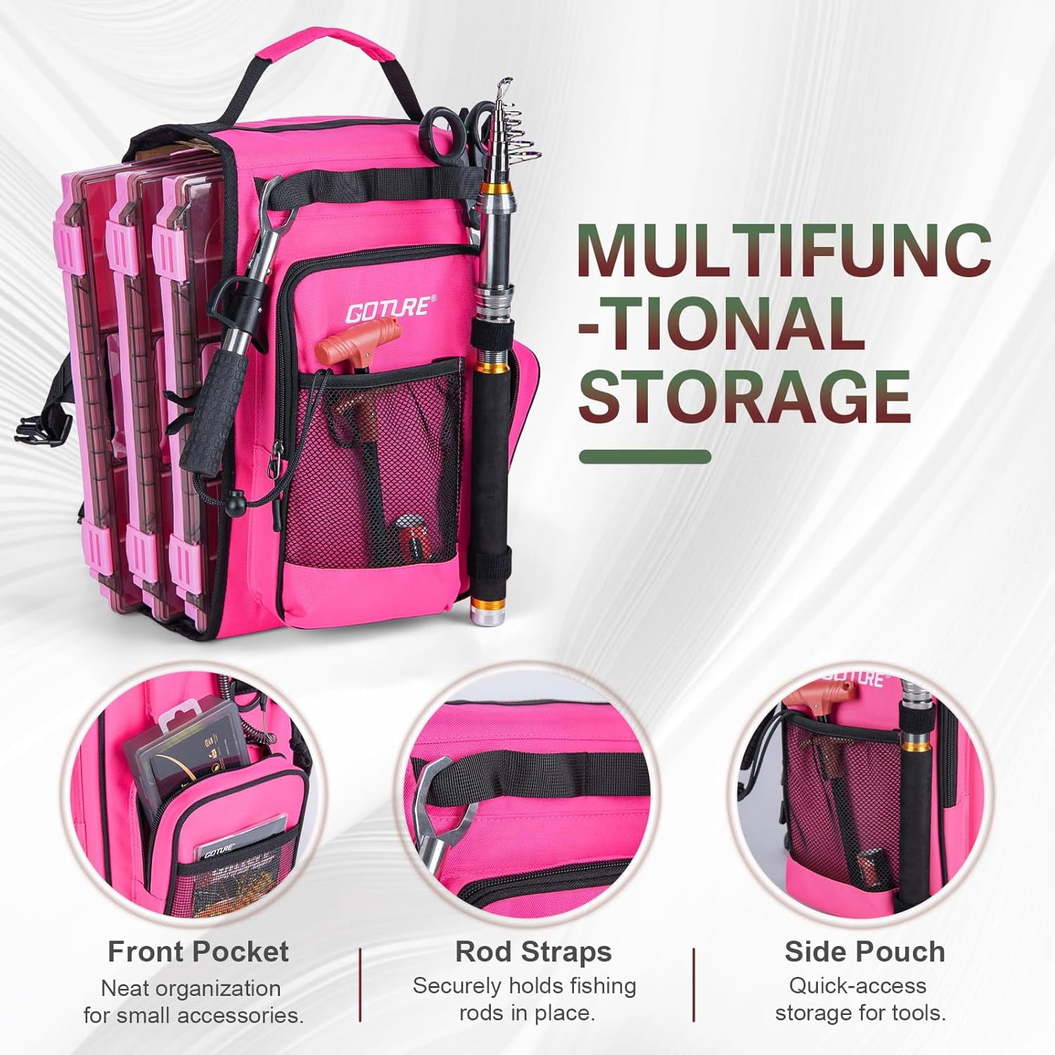 OpenSide Tactical Sling Tackle Bag with 3 3700 Trays Lightweight Fishing Backpack Storage Gear Pink