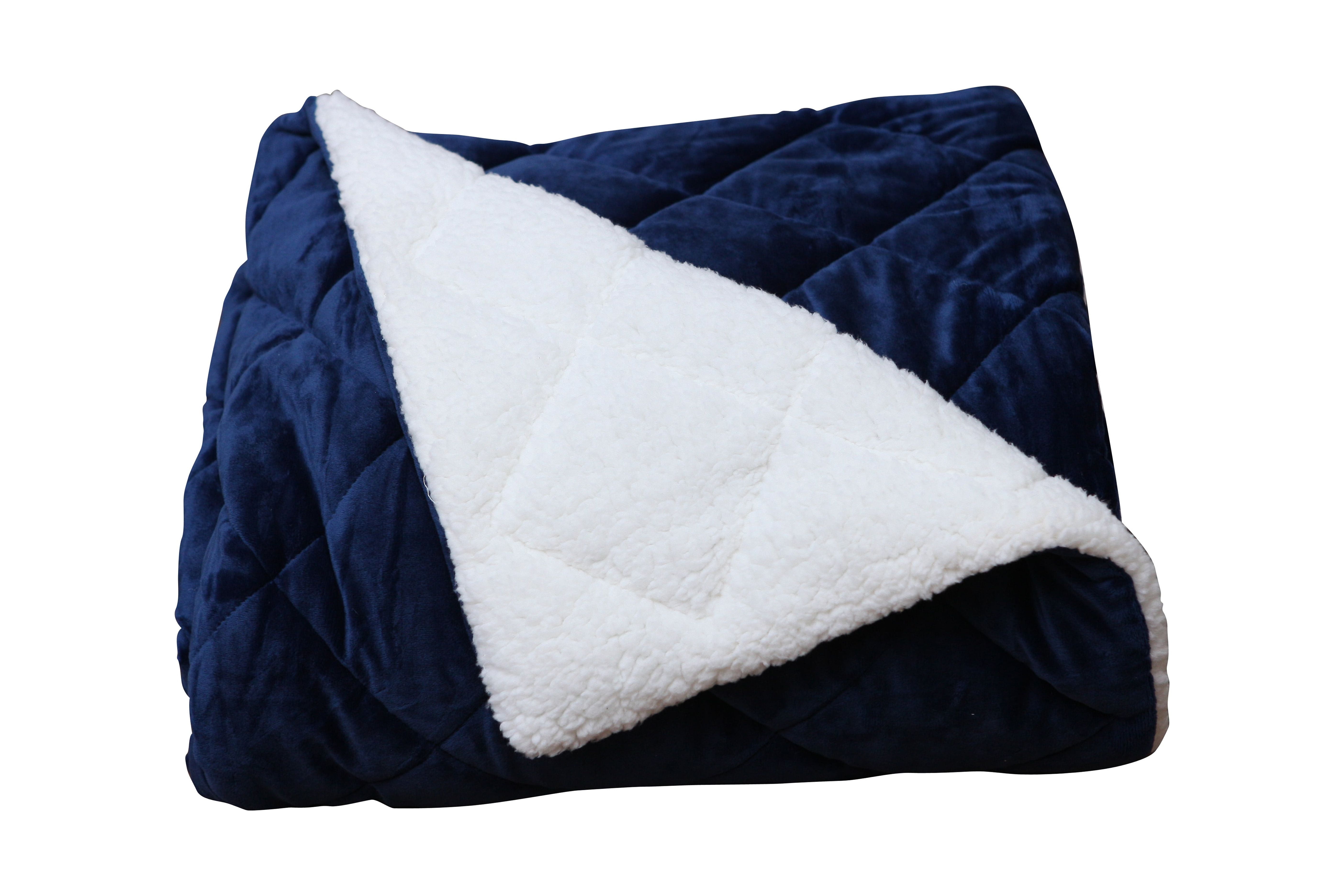 Luxry Cozy Soft Square Quilted Throw Blanket and Back Fleece, Navy Blue