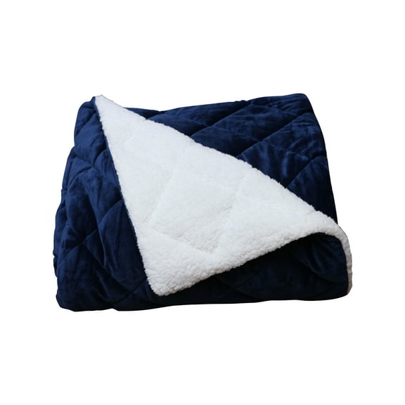 Luxry Cozy Soft Square Quilted Throw Blanket and Back Fleece, Navy Blue
