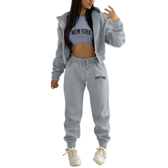 Tthxqing Womens Hoodies Sets 3 Piece Outfits Loungewear Set,Trendy Full Zip up Cropped Hoodies Baggy Sweatpants New York Tank Tops Yoga Running Workout Sportswear Set Grey XXL