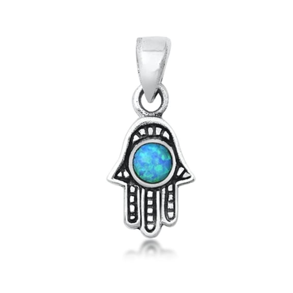 Sterling Silver Blue Simulated Opal Bali Style Hamsa Pendant Hand of God Charm Jewelry Female Unisex