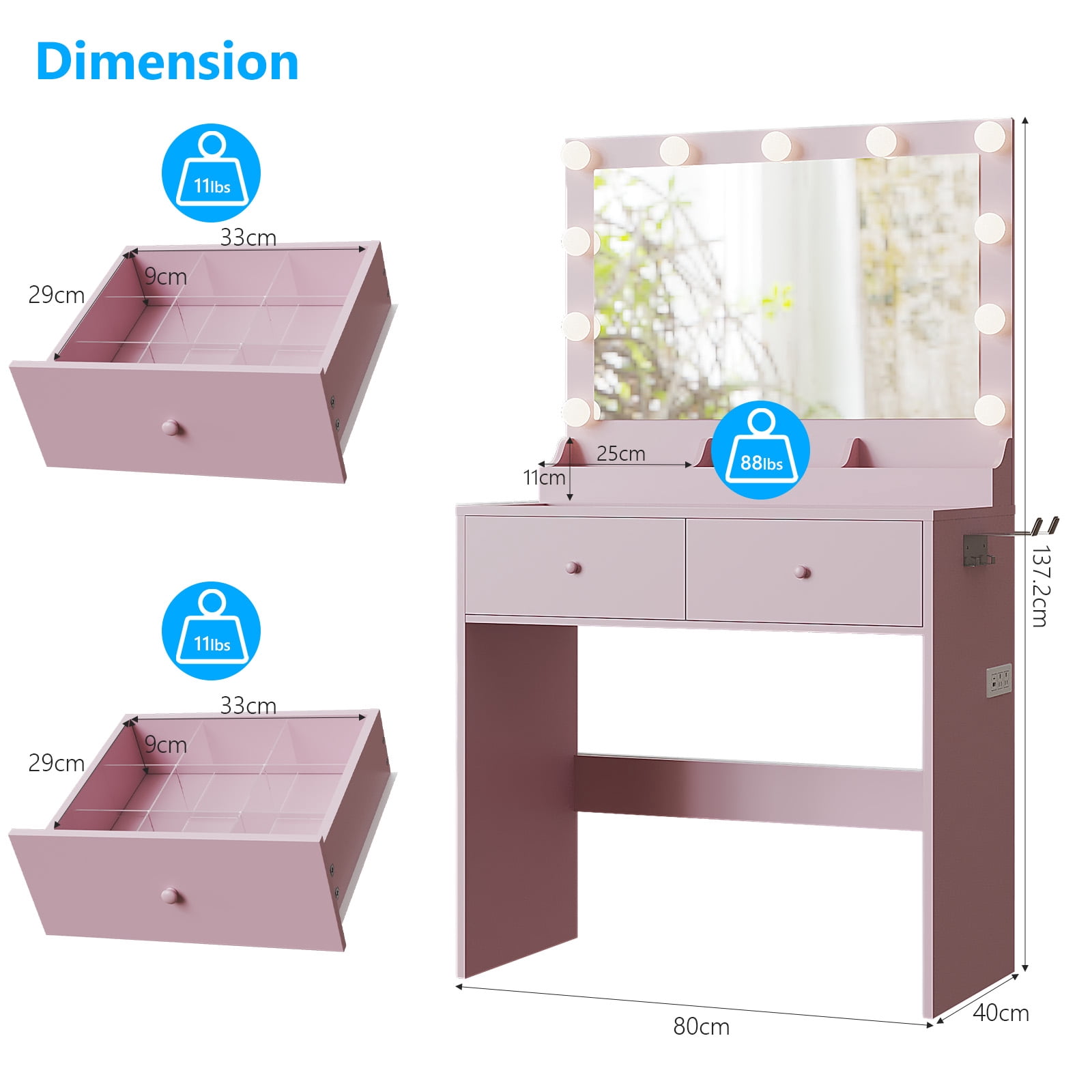 Zimtown Vanity with Mirror and Light, Makeup Desk  with Charging Station and Storage, Dressing Table with Hair Dryer Rack for Bedroom, Light Pink