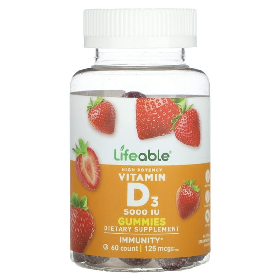 Lifeable High Potency Vitamin D3 Gummies, Natural Strawberry, 60 Gummies (62.5 mg (2,500 IU) per Gummy)