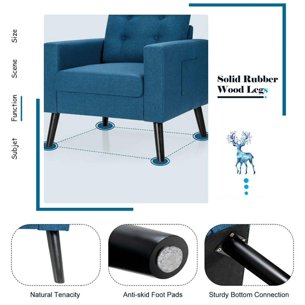 Finihen Upholstered Armchair Chair, Mid-Century Upholstered Armchair Club Chair with Rubber Wood Legs, for Living Room, Bedroom, Blue