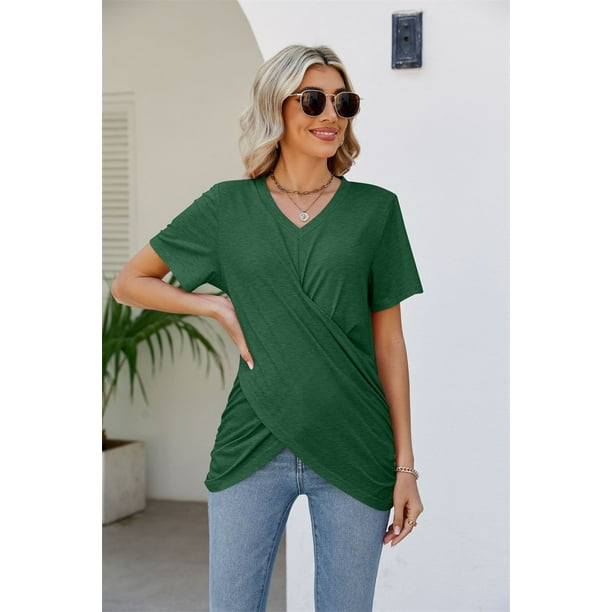 Camiseta plisada con nudo retorcido para mujer, Jersey Irregular con cuello en V, Tops de manga corta, camisetas informales de Color sólido para mujer, novedad de verano