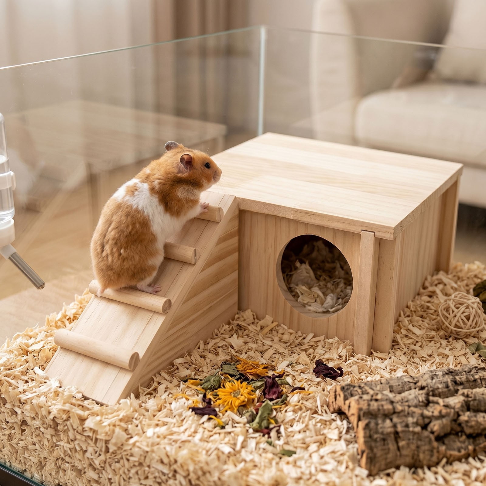 Wooden Hamster Hideout with Ladder - Natural Small Animal Habitat for Mice and Gerbils Indoor Wooden with Two- Design and Chew- Construction