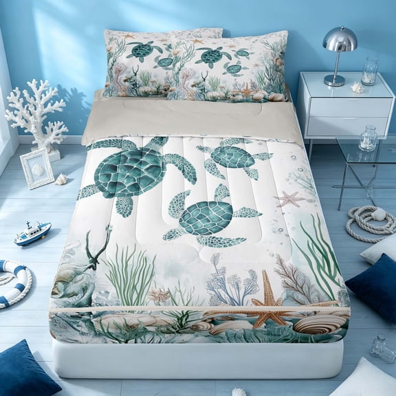 Erosebridal Coastal Turtle Zipper Twin Comforter Sets with Fitted Sheet and 2 Pillowcases, Ocean Animal Zipper Bedding Set, Gray Reversible