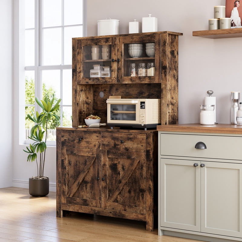 Garvee Kitchen Pantry Cabinet with Microwave Stand, Freestanding Hutch with Buffet Storage, Tall Adjustable Shelves, Brown