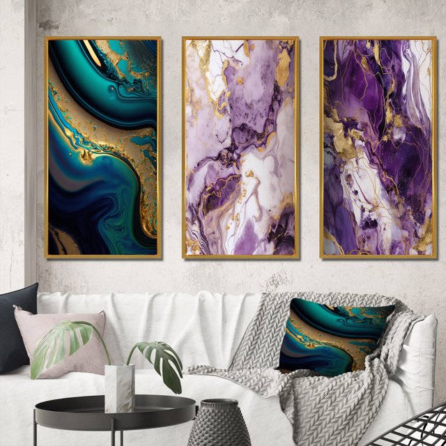 Designart "Azure Dreamscapes Gold and Turquoise Marble III" Abstract Painting Framed Wall Art Set Of 3 - Gold Modern Frame Gallery Set For Office Decor