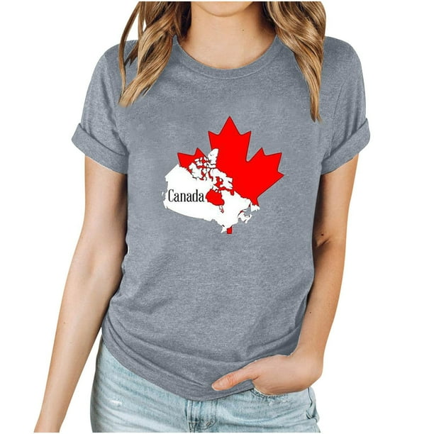 Camisetas de Manga Corta para Mujeres Canadá Día Hoja de Arce Impresión Básica de Verano Tee, Cuello Redondo Camiseta Casual