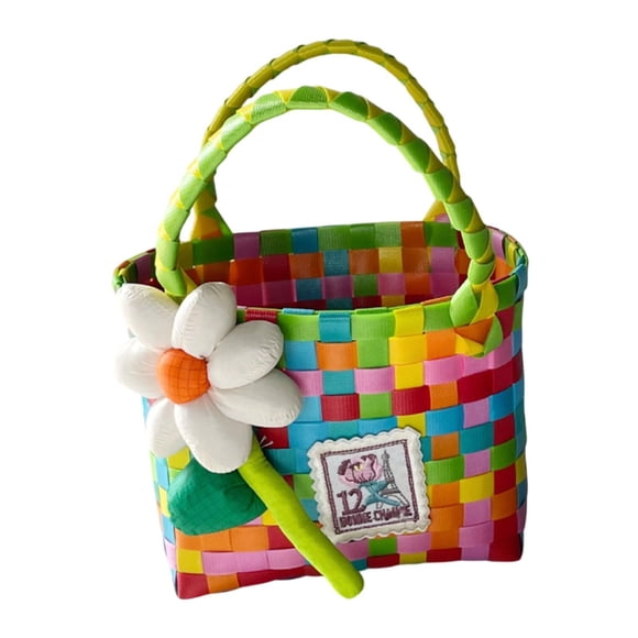 Cesta pequeña tejida con flores, cesta de almacenamiento decorativa, rústica, portátil con asa Flor colorida
