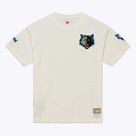 Men's Mitchell & Ness Cream Minnesota Timberwolves Hardwood Classics Chainstitch Premium T-Shirt