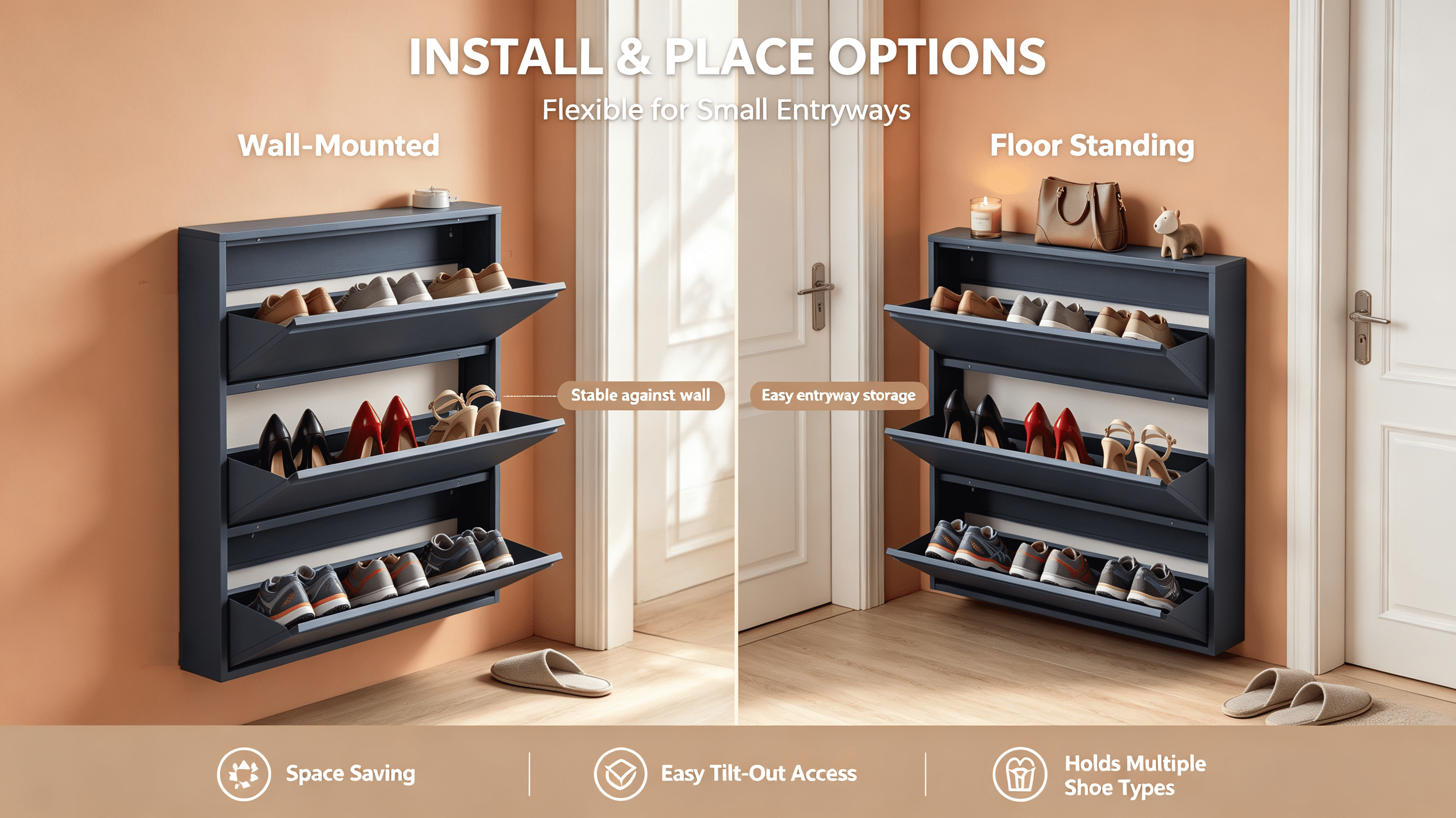 Metal Shoe Cabinet with 3 Flip Drawers, Wall Mounted Shoe Organizer, Narrow Slim Hidden Shoe Rack for Entryway,Blue