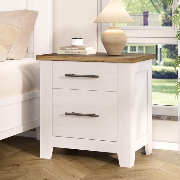 2 Drawers Modern Bedside Table – White Bedside Table with Drawers and Brown Top, Perfect for Bedroom Storage, Sleek Home Decor, White
