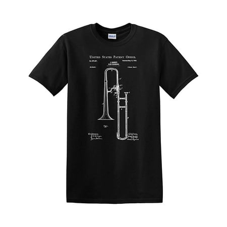 - Trombone Patent Music Musician Brass Band Orchestra Marching Jazz Vintage Retro Classic Instrument Mens Graphic Tee Adult T-Shirt