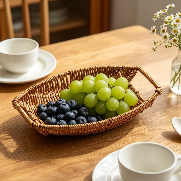 Cesta de fruta, bandeja de almacenamiento, plato de plástico de ratán para snacks para mesa de centro, diseño de doble asa, organizador abierto y poco profundo para el comedor en casa