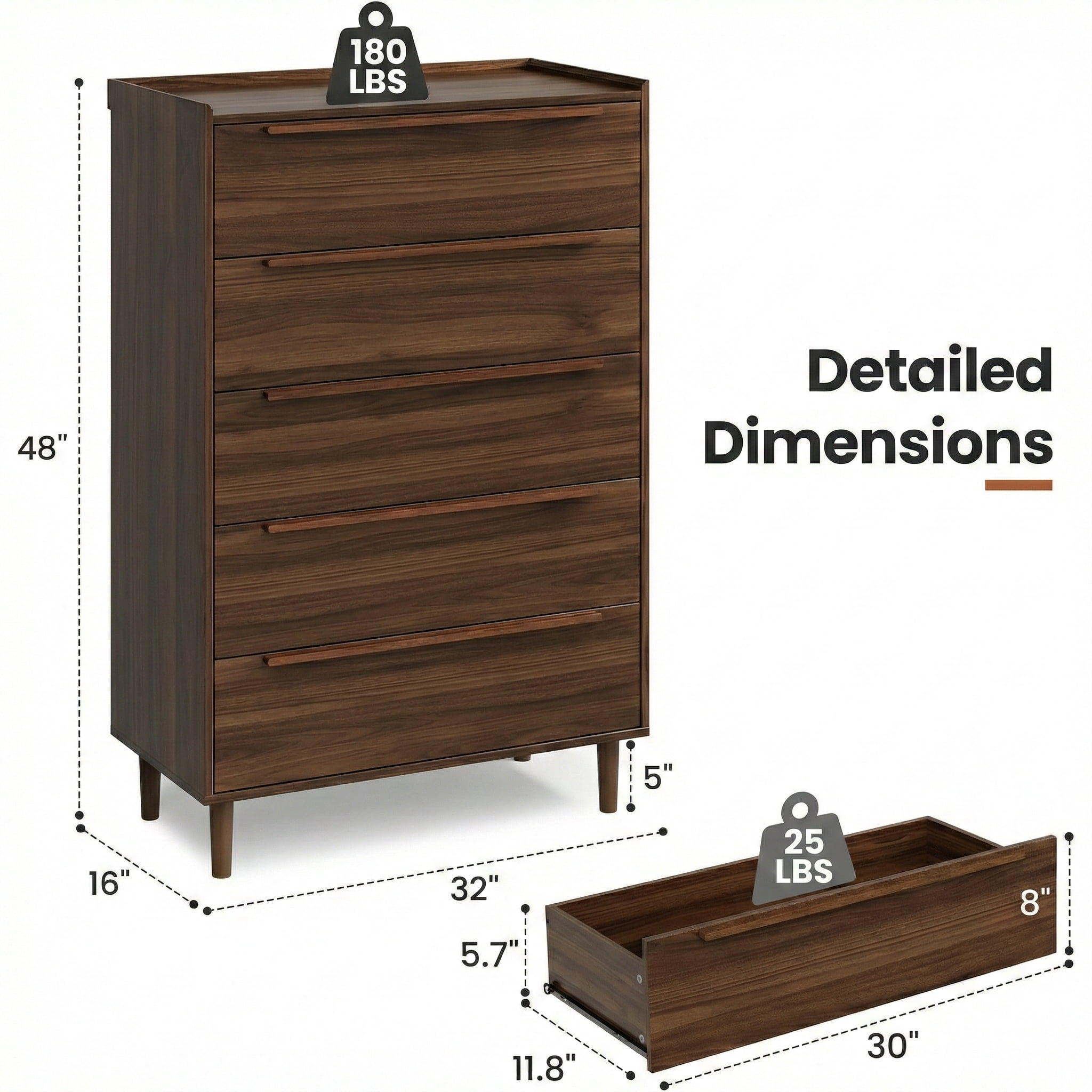 32" Wide Walnut 5 Drawer Dresser, 48" Tall Mid-Century Modern Chest of Drawers for Bedroom, Slim Vertical Wood Grain Storage Cabinet with Raised Edge & Anti-Tip Kit