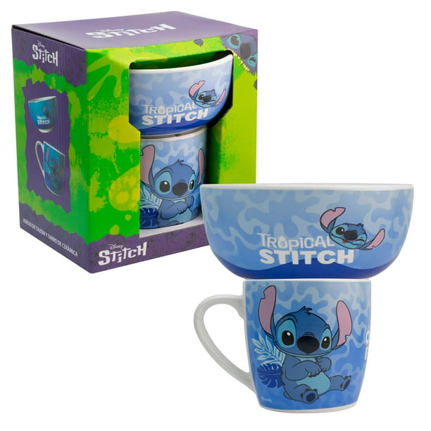 Set Desayuno Individual, Vajilla Porcelana 2 Piezas, Diseño Stitch Tropical Disney con Caja de Regalo