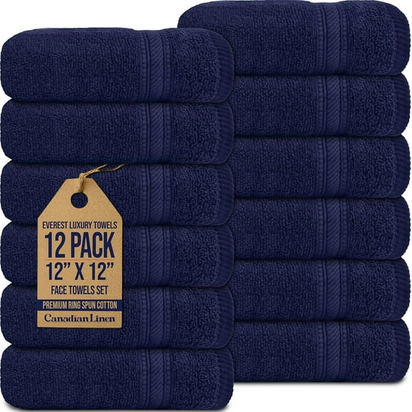 Canadian Linen 12 Pack Luxury Everest Washcloths 12”x12”, Lightweight Quick Dry Soft Absorbent Cotton Face Towels for Salons, Spa's, Sports, Navy Blue