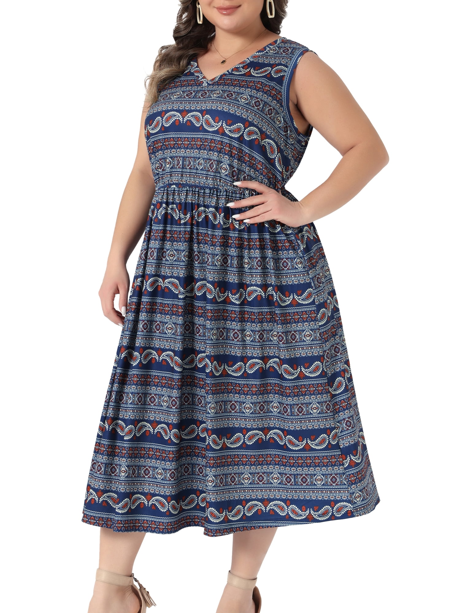 DARING DIVA Women's Plus Summer Boho V Neck Sleeveless Midi Dress 1X Navy Blue