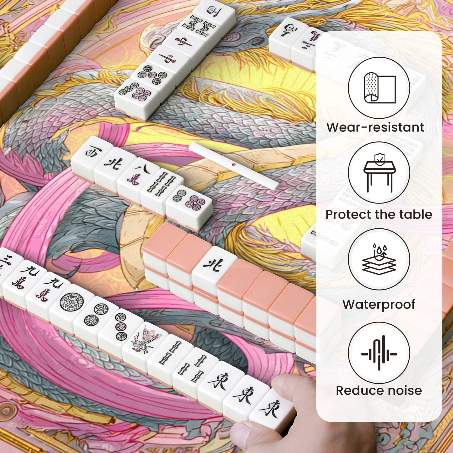 Chinoiserie Mahjong Mat 31.5" x 31.5" Symmetrical Dragon Artwork Gold Filigree Flowing Ribbons Non-Slip Noise Reduction Mahjong Tiles Table Cover for Dominoes Poker Card Board and Tile Games