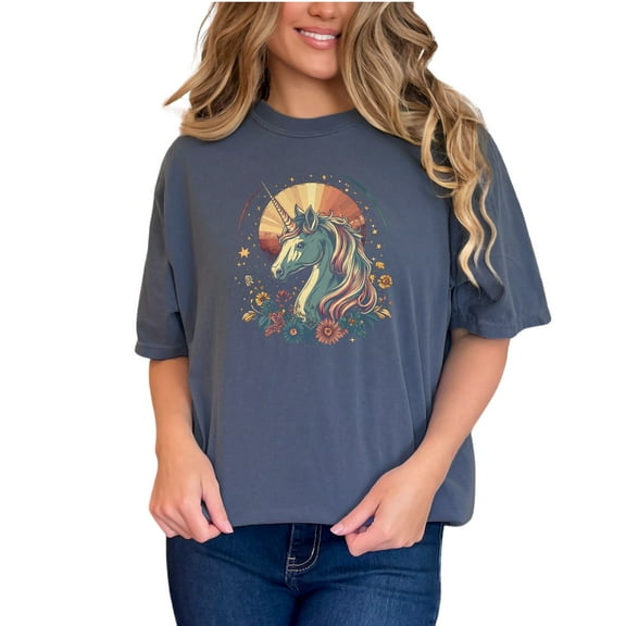 Magical Unicorn T-Shirt, Fantasy Animal Graphic Tee, Vintage Style Unicorn Shirt, Whimsical Horse Art Top For Women Men Kids, Denim Comfort Colors T-Shirt, Small