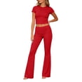 thumbnail image 6 of LEKWK Workout Sets for Women Short Sleeve Crewneck Crop Top and Low-Rise Flared Leggings Summer Fashion Yoga Athletic Gym Casual Lounge Outfits, 6 of 7