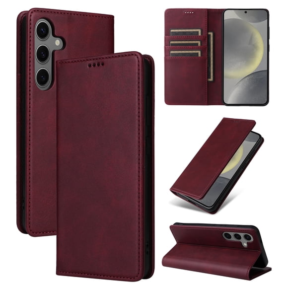 Premium PU Leather Wallet Case For Samsung Galaxy S25 Plus, Flip Kickstand Folio Cover with 3 Card Slots   Cash Pocket [RFID Blocking] Magnetic Closure Shockproof Phone Case Women Men,Winered