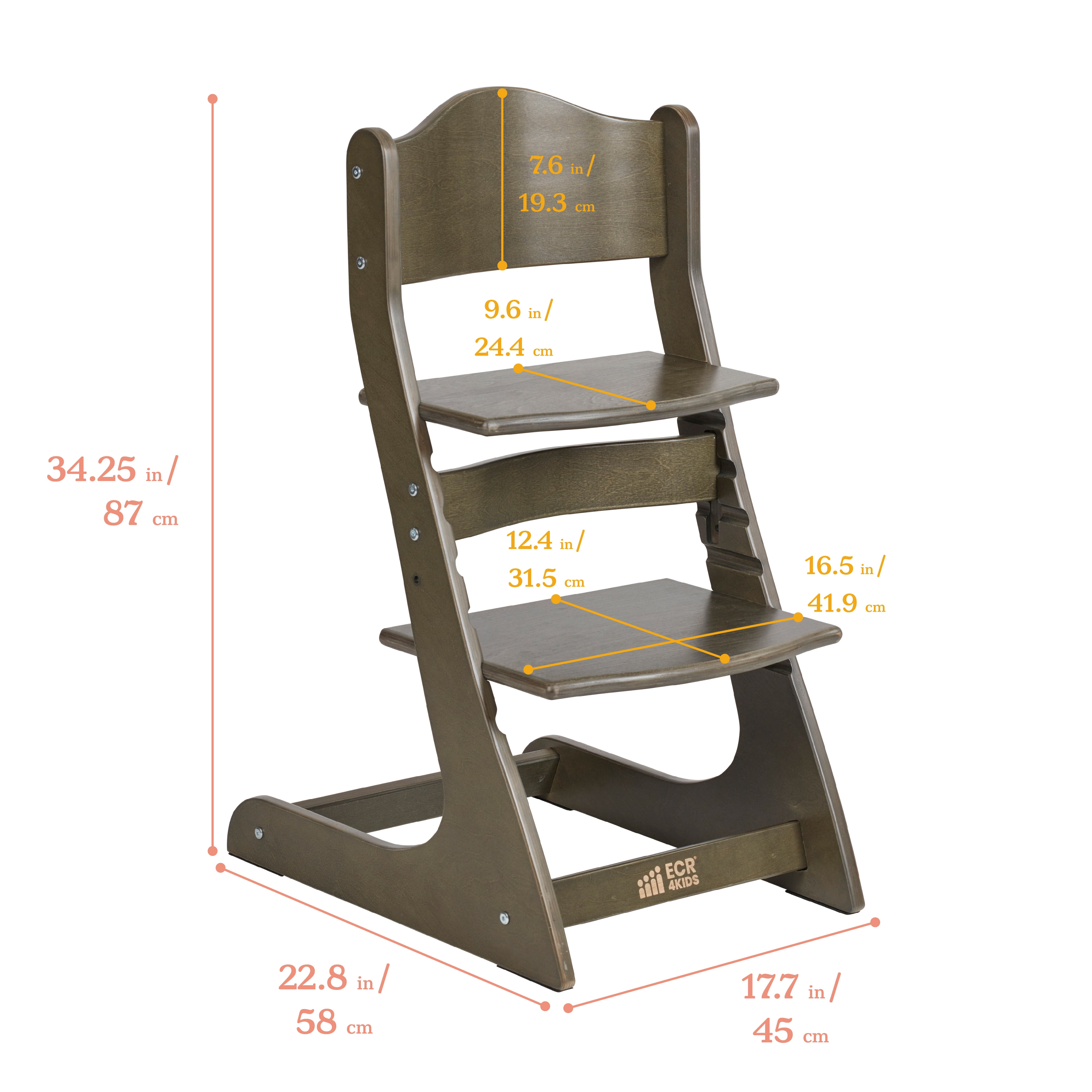 ECR4Kids Wooden Adjustable Grows with Me Transitional Chair, Montessori Furniture, Grey Wash