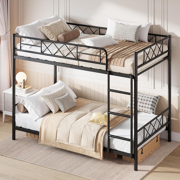 Bunk Bed Twin Over Twin for Adults & Teens, Heavy Duty 2-Tier Bed with Stairs, Full-Length Guardrail & Metal Slats, No Box Spring Required, Space Saving, Matte Black