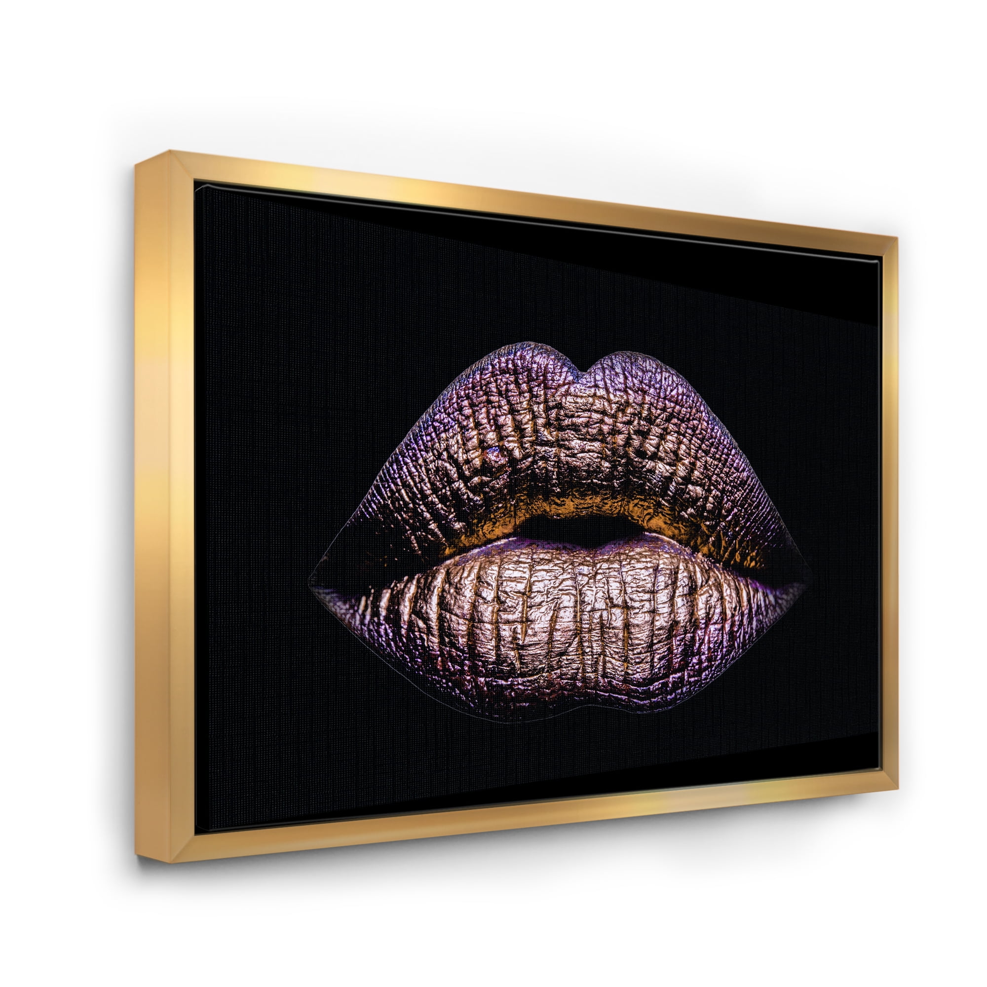 Designart 'Sexy Golden Metallized Woman Lips V' Modern Framed Canvas Wall Art Print