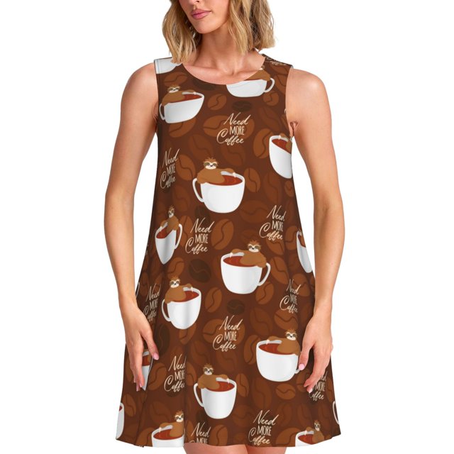 Fotbe Cute Sloths Bear Relaxing In Coffee Cup Vestido de Verano sin Mangas para Mujer – Vestido Midi Línea A, Estilo Camiseta Floral, Vestido Playero Casual y Fluido