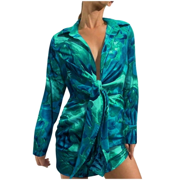 Oplxuo Women's Sexy Faux Wrap V Neck Collar Long Sleeve Mini Shirt Dress Casual Loose Blouses