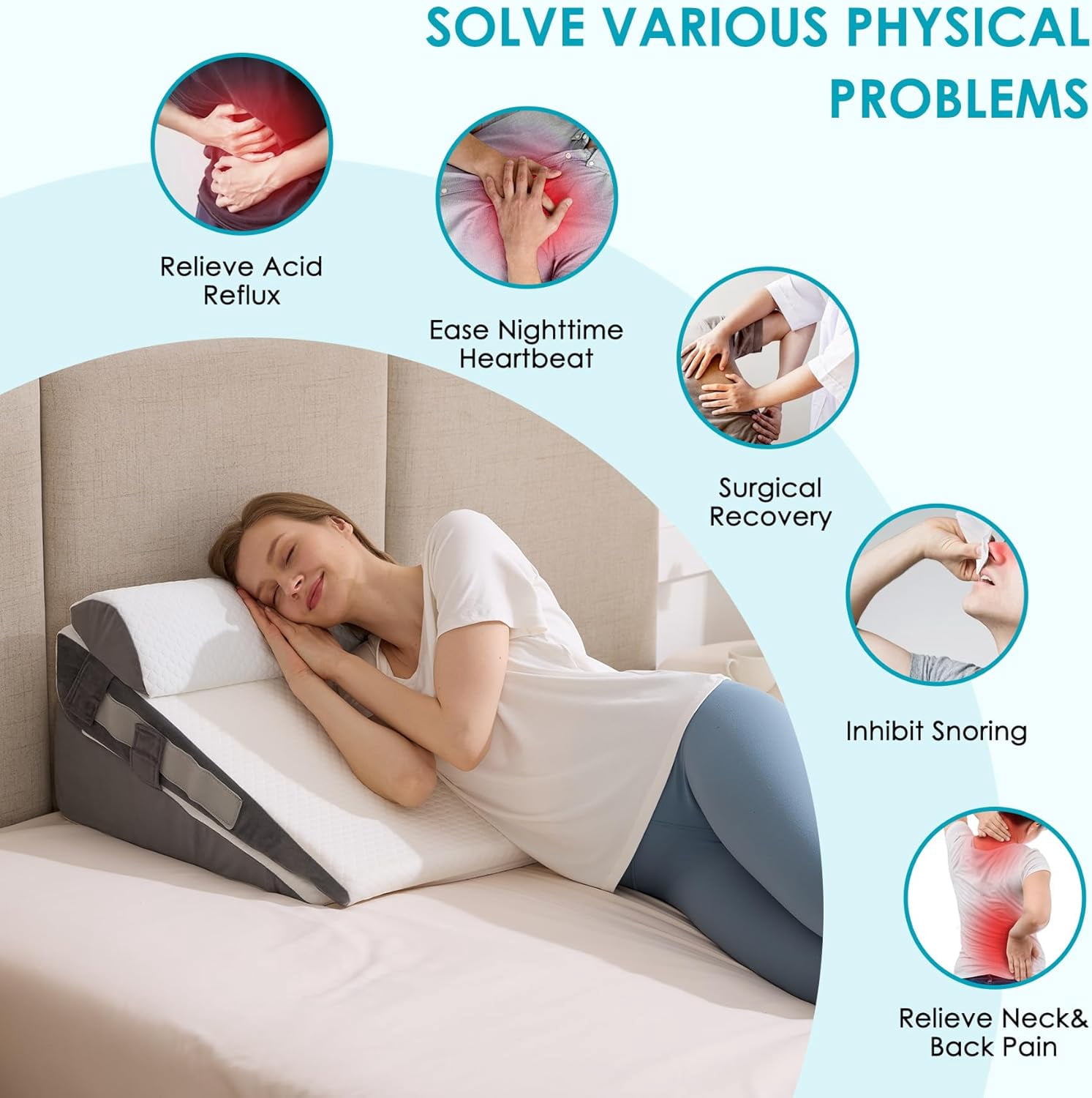 3Pcs Wedge Pillow Set for After Surgery,Acid Reflux Relief, Adjustable Bed Wedge Pillows for Sleeping,Anti Snore, Memory Foam Triangle Pillow for Back&Neck&Shoulder Pain Relief, White&Grey