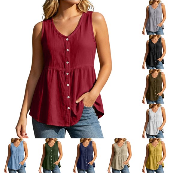 Linen Tank Tops for Women Sleeveless Button Front Loose Shirt Top Casual Lightweight V Neck Tank Size S