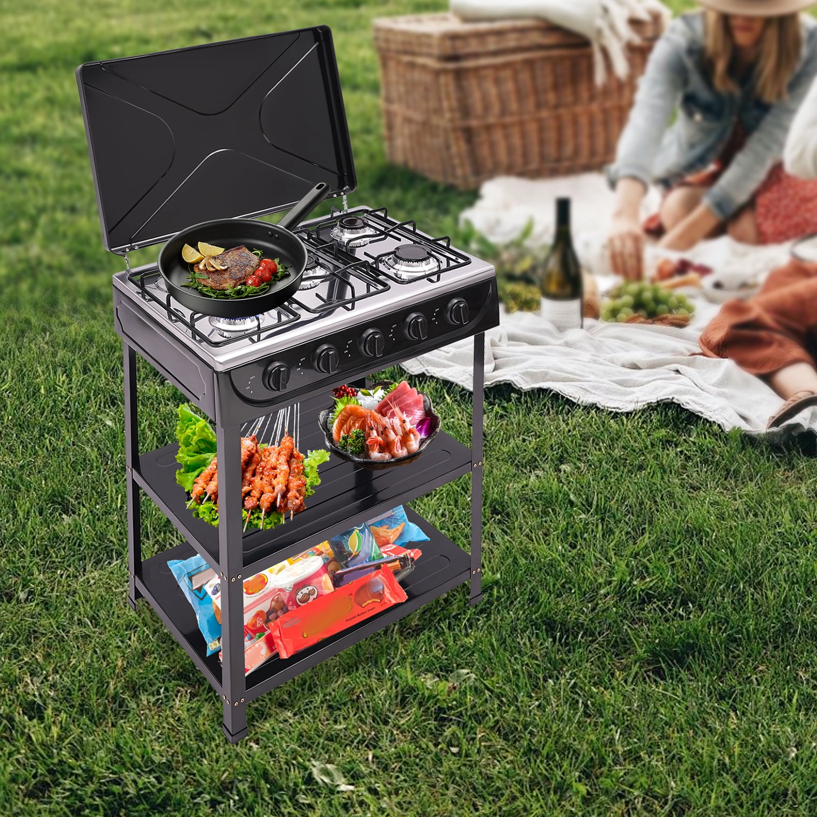 Natural Gas Stove with 5 Burners, Outdoor Camping Cooking BBQ Grill with 2-Tier Storage Rack