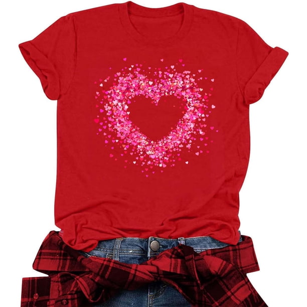 RKSTN Valentine's Day T Shirts for Women Cotton Oversized Crewneck Heart Graphic Print Short Sleeve Shirt Pullover Tops Womens Casual Valentine Print Round Neck Regular Fits Comfy Summer Tee Shirts