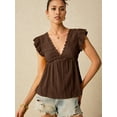 thumbnail image 2 of Prettady Women'S Lace Trimmed V Neck Ruffled Sleeve Flared Eyelet Tank Blouse Top Coffee Color M, 2 of 5