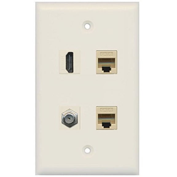 RiteAV - 1 Port HDMI 1 Port Coax Cable TV- F-Type 2 Port Cat6 Ethernet Wall Plate - Light Almond