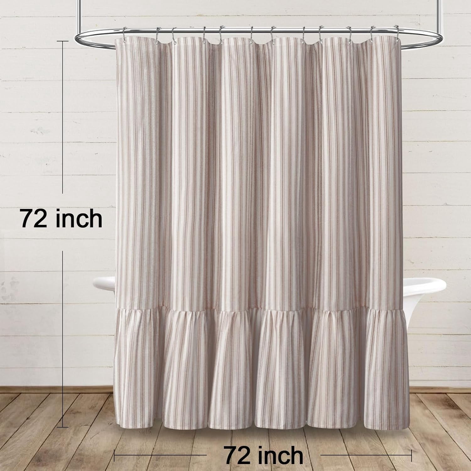 Boho Farmhouse Shower Curtain with Ruffle Hem, Linen Textured White Shower Curtains for Bathroom Vintage Rustic Fabric, Brown Stripe 72" W x 72" L