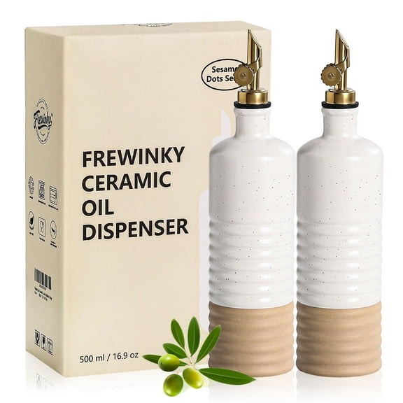 Frewinky 16.9oz Olive Oil Dispenser Bottle with Funnel, Ceramic Oil Dispenser for Kitchen, Cooking Oil Dispenser for Storage Oil, Vinegar, Syrups, Set of 2