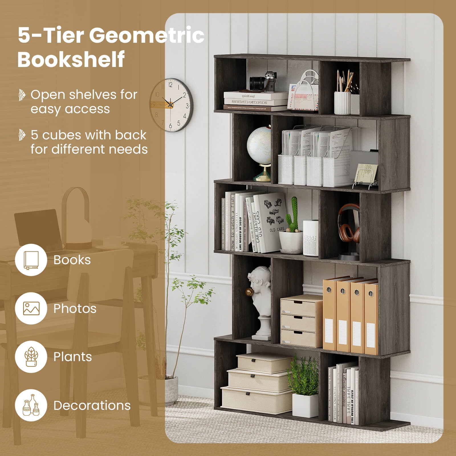 Costway 1 PCS 5-Tier Geometric Bookshelf with Open Shelves & Closed-back Cubes for Living Room Gray Oak