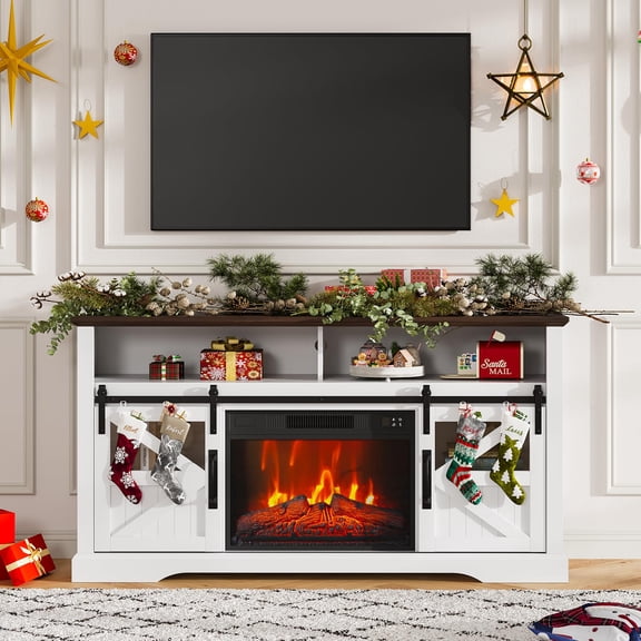 Fireplace TV Stand for Television up to 65 Inch,Farmhouse Entertainment Center w/ 23'' Electric Fireplace, Large Storage Tv Console Stand with Sliding Barn Door & Adjustable Shelf White